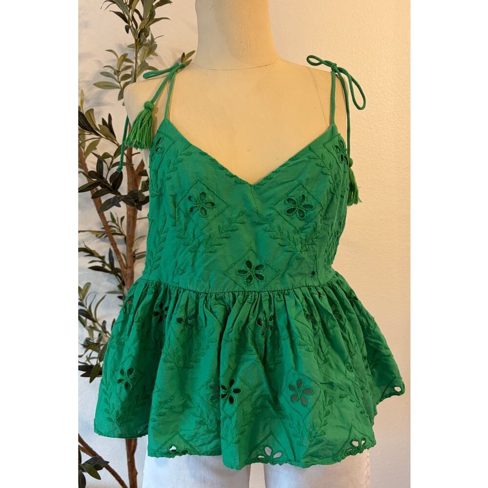 H&M Green Eyelet Embroidered Peplum Cami Top Tie Straps Size Large